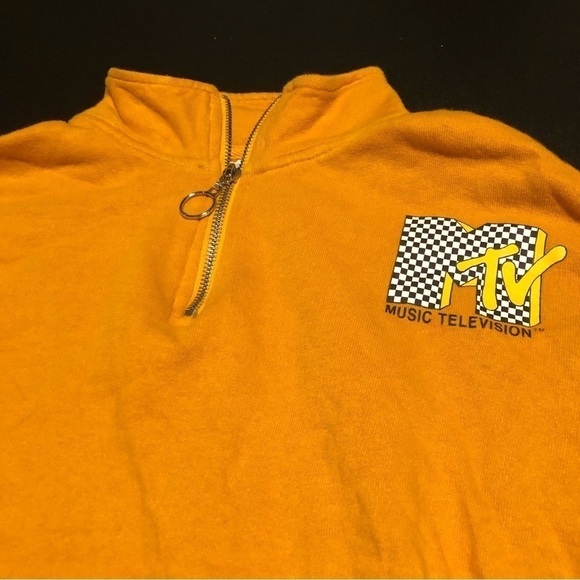 𝅺mtv Sweatshirt Womens Medium Mustard Yellow 1/4 Zip Mock Neck Long Sleeve Top - Picture 4 of 11